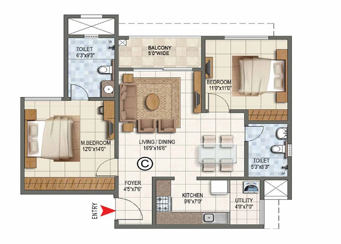 Purva Venezia 2 BHK Floor Plan