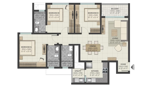 Featured Image of Purva Weaves 3 BHK Apartment Floor Plan